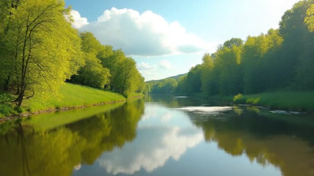 Time lapse view of the river in a clear sunny summer day and reflection of trees in the water. Ukraine