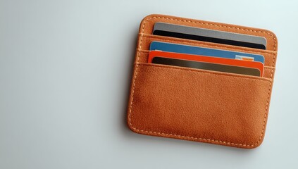 Tan leather wallet, horizontally oriented, holds several credit cards of varying colors