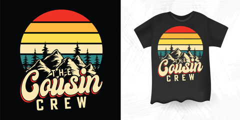 The Cousin Crew T Shirt Design with Mountain Forest and Retro Sunset