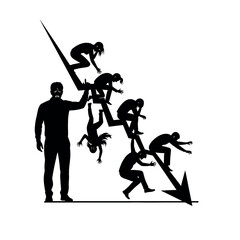 Vector illustration of silhouette of people falling down an arrow graph