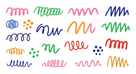 Colorful Hand-Drawn Squiggles and Dots Collection on White Background.