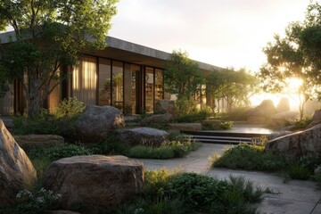 Modern home nestled in a landscaped garden at sunrise