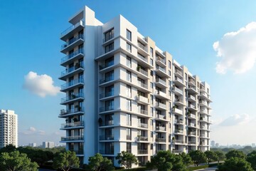 Luxurious Modern Apartment Complex Rising Against a Blue Sky Elegant Facade, Spacious Design, Ideal for Real Estate & Architecture Websites
