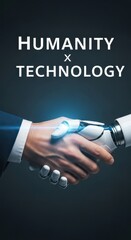 Human hand shaking robotic hand with glowing blue light handshake technology