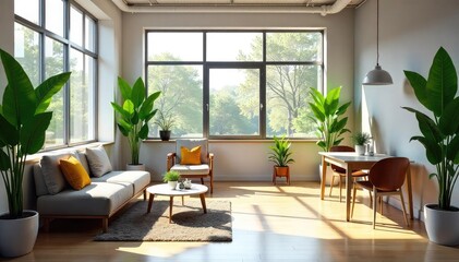 Modern office interior with vibrant plants, comfortable seating, and natural light streaming through large windows, creating a relaxed and productive workspace , open plan, eco-friendly