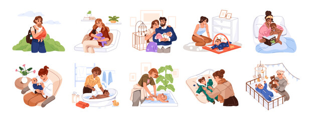 Mothers and newborns set. Moms care about babies. Parents are bathing, feeding, breastfeeding, changing diapers for infants. Happy families with kids. Flat isolated vector illustrations on white