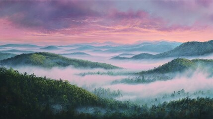 Fototapeta premium A painting of the Blue Ridge Mountains, with its pink and purple skies, is presented in a beautiful, serene, and dreamy aerial view that highlights the natural scenic charm.