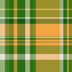 Folk check tartan fabric, doodle plaid background textile. Tradition seamless pattern vector texture in green and orange colors.