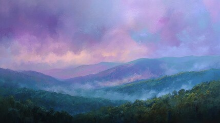 A painting of the Blue Ridge Mountains, with its pink and purple skies, is presented in a beautiful, serene, and dreamy aerial view that highlights the natural scenic charm.