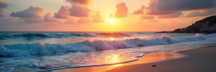 Serene beach scene at sunset; tranquil ocean waves lapping the shore, soft sand, peaceful sky Perfect for relaxation and stress relief imagery , stress free, wellness