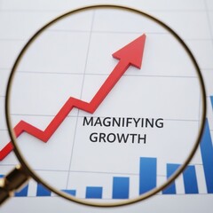 Magnifying glass over red arrow graph showing upward trend and blue bar chart growth
