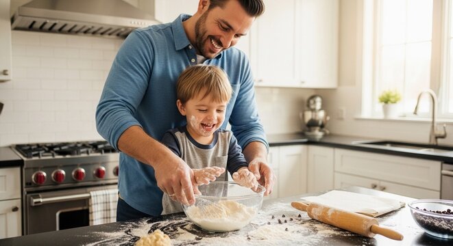 A father and son happily kneading dough together in a kitchen, creating a delicious treat.