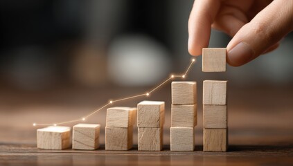 Hand placing wooden block to create a rising graph