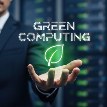 Man holding glowing green leaf symbol and text green computing technology sustainability