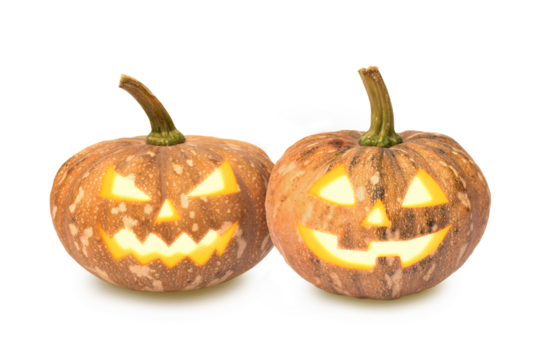 Small orange PUMPKIN or SQUASH 'Thai Rai Kaw Tok' face decorated Jack-o-lantern glowing head for Halloween isolated on transparent background or png file. - Powered by Adobe