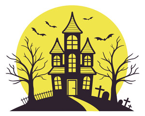 Spooky Halloween haunted house illustration with full moon, bats, graveyard and creepy trees."