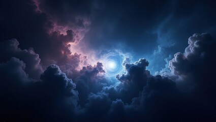 Dramatic celestial sky with swirling clouds and cosmic light