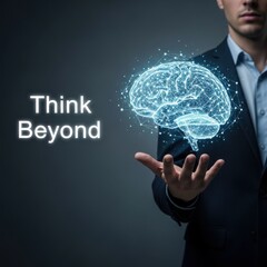 Man in suit holding glowing digital brain with text Think Beyond Generative AI business Cybersecurity