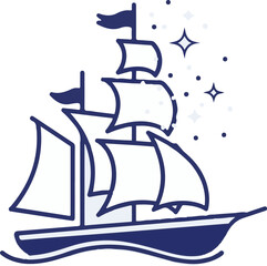 Whimsical sailing ship illustration featuring stars and a nautical theme for adventures