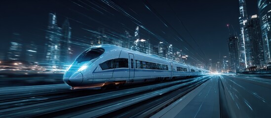High-speed train at night through a modern city