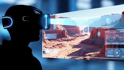 Person wearing virtual reality headset exploring a digital landscape with futuristic overlays - Powered by Adobe