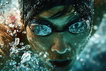 Close-up swimmer underwater, goggles, bubbles