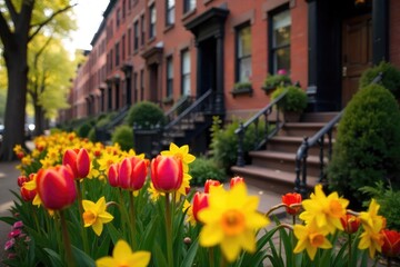 Fototapeta premium Vibrant tulips and daffodils in full bloom against the backdrop of a classic New York brownstone A quintessential springtime scene in the city that never sleeps , season, sidewalk, sunshine