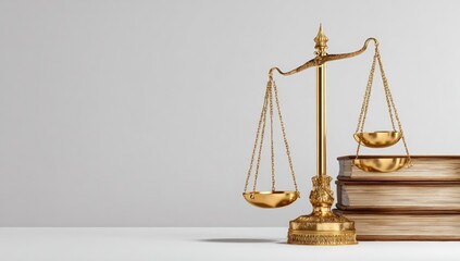 Golden scales of justice atop aged books