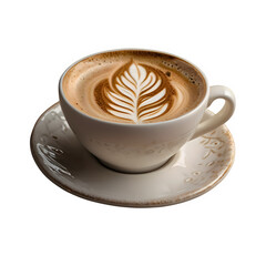 White ceramic cup of coffee with latte art isolated on transparent background