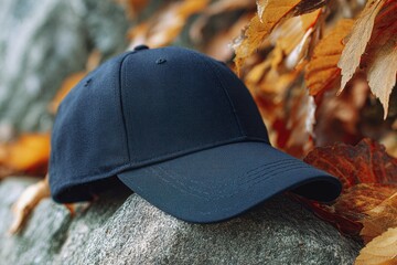 Dark baseball cap on rocks amidst autumn leaves