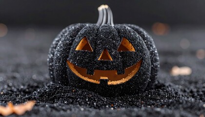 A black, glittering pumpkin with a glowing face sits amidst shiny dark granules against a blurred backdrop, capturing a Halloween-like ambiance