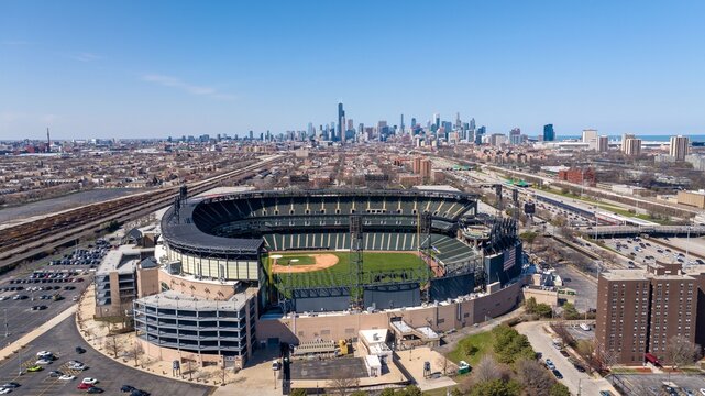 Aerial View of Rate Field Stadium, White Sox, with Chicago Skyline Background