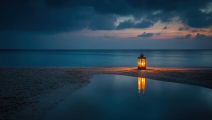 Fototapeta premium Tranquil beach sunset with lantern