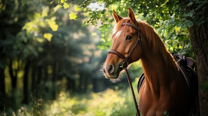 Majestic Chestnut Horse in a Lush Green Forest Surrounded by Soft Natural Light