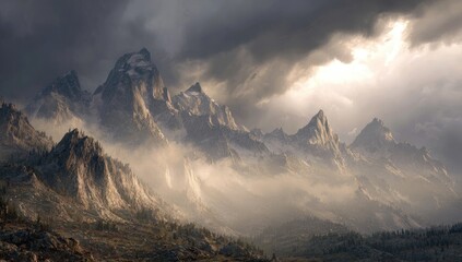 Dramatic mountain range bathed in dramatic light