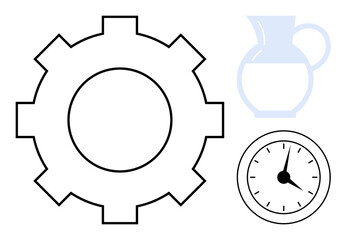 Gear symbolizing process, clock representing time management, and pitcher for resources. Ideal for productivity, time efficiency, planning, workflow, organization business teamwork. Simple flat