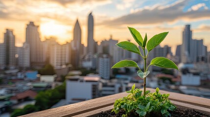 Fototapeta premium Young Green Plant Growing on Urban Rooftop with City Skyline and Beautiful Sunset in Background