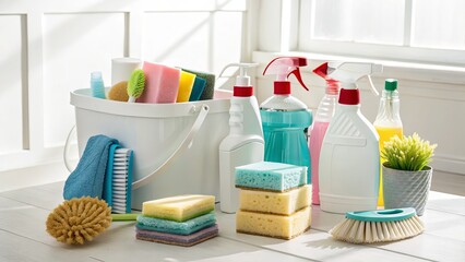 Household Cleaning Supplies on Sunlit Countertop