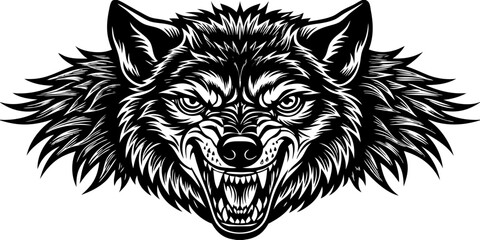 A highly detailed, realistic close-up of a snarling wolf's head. The wolf has sharp fangs, piercing eyes, and a fierce expression, showing aggression or readiness to defend. Its fur is thick and textu