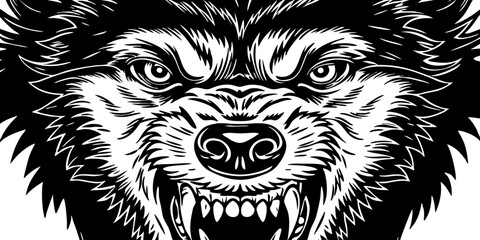 A highly detailed, realistic close-up of a snarling wolf's head. The wolf has sharp fangs, piercing eyes, and a fierce expression, showing aggression or readiness to defend. Its fur is thick and textu