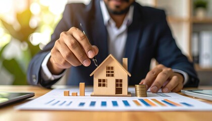 Man in suit gestures at a small wooden house model on a chart with coins and blocks, suggesting investment or property concepts on a desk in an office