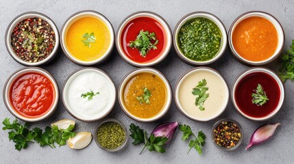 Colorful Variety of Fresh Dips and Sauces in Bowls on Gray Background for Culinary Art