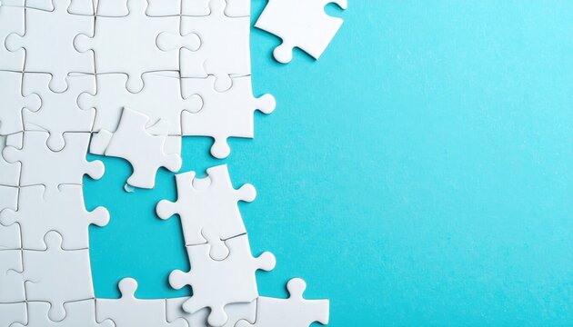 White puzzle pieces are partially assembled on a bright turquoise background, some pieces unplaced. The composition creates a sense of incompleteness