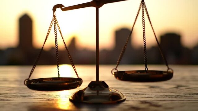 Golden Justice Scales Silhouetted Against Cityscape at Sunset Reflecting on Wooden Table