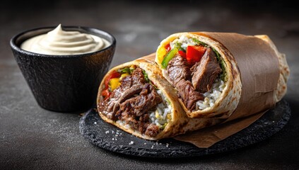 Two halves of a flavorful burrito, filled with savory meat, rice, and colorful veggies, alongside a creamy sauce