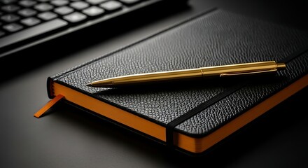 Golden pen resting on a black leather bound notebook with orange edging sitting next to a black computer keyboard on a