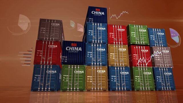 China export production and import containers cargo with business import export diagrams and charts. Chinese flag industrial shipping box 3d concept.