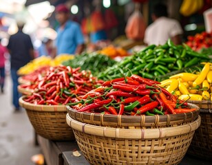 Fototapeta premium Colors of Spice: A Vibrant Market Stall Overflowing with Chili Peppers and Everyday Life