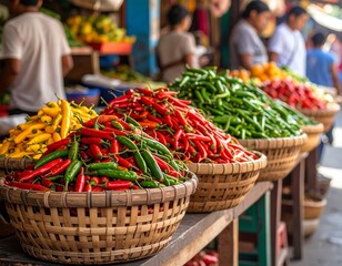 Fototapeta premium Colors of Spice: A Vibrant Market Stall Overflowing with Chili Peppers and Everyday Life
