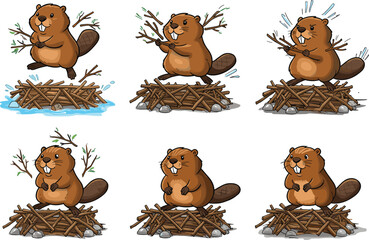 Cartoon beaver emotions, dam building illustration, expressive forest animal, water splash, stick pile, nature themed character art, stock image